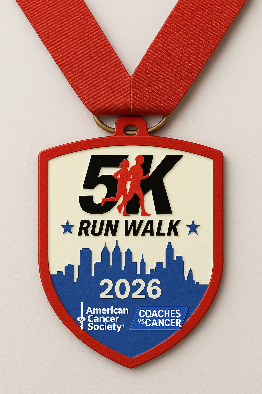 CVC 5K finisher medal - shield-shaped medal with red border and ribbon featuring 5K Run Walk text, Philadelphia skyline, 2026 year, and American Cancer Society Coaches vs Cancer logos
